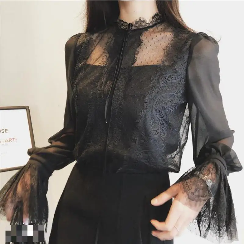  2020 Spring New Arrival Fairy Blusa Feminina Chiffon Shirt Bottoming Flare Sleeve Lace Blouse Sling