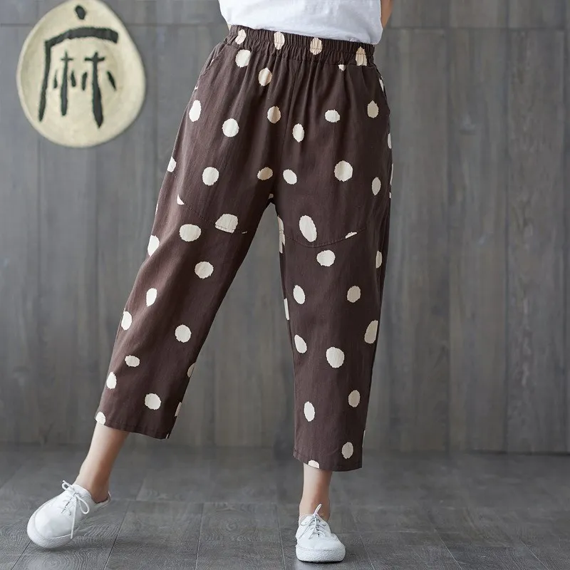 Women's Polka Dot Harem Pants Print Cotton and Linen Lady Loose Large Size Wild Casual | Женская одежда