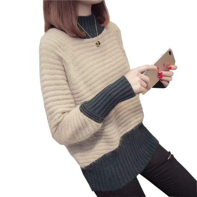 Women Patchwork Knit Sweaters Pullovers 2018 Spring Autumn Half Turtleneck Pullover Casual Loose Knitted Jumper Sweater