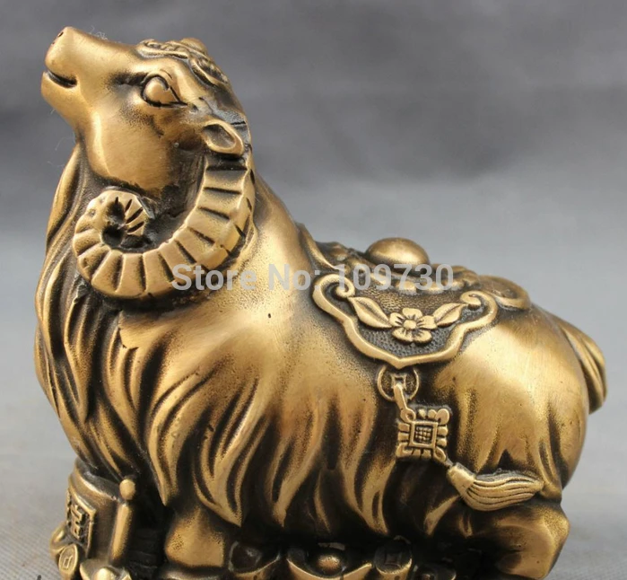 

002010 Chinese Bronze Folk Year Zodiac Wealth YuanBao Sheep Statue Animals Sculpture