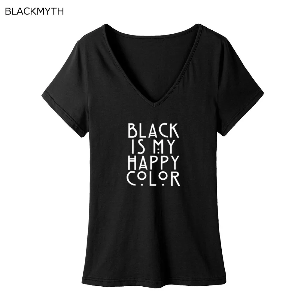 

BLACKMYTH Summer Tops BLACK IS MY HAPPY COLOR Fashion Design Short Sleeve T Shirt Closed V-neck Cotton t-shirt Big Size
