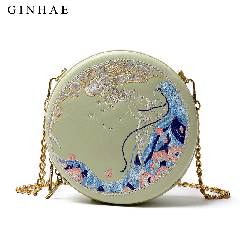 

Landscape Embroidery Round Bags Female Brand Design Soft Leather Shoulder Bag Small Clutch Crossbody Bags For Ladies Chain Bolsa