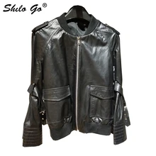 Кожаная куртка Женская Весенняя мода Овчина натуральная кожа пальто О образным вырезом молния боковой карман заклепки ремень пиджак с манжетами