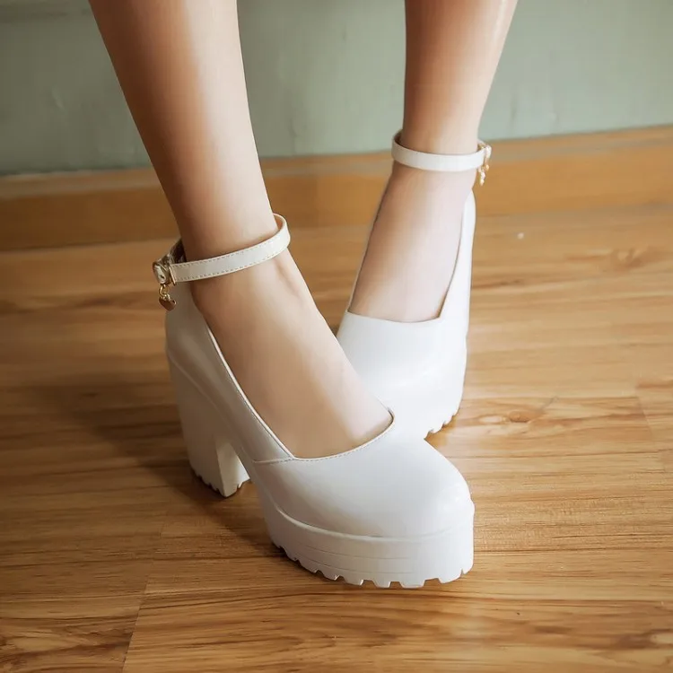 

White round toe thick bottom platform with high heels buckle casual shoes