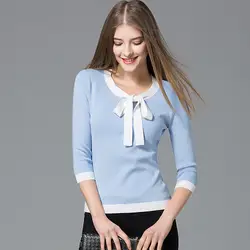 2018 Новая Европейская мода женская одежда модал o-образным вырезом три четверти рукав пуловер Блузки бант тонкий вязаный свитер Трикотаж