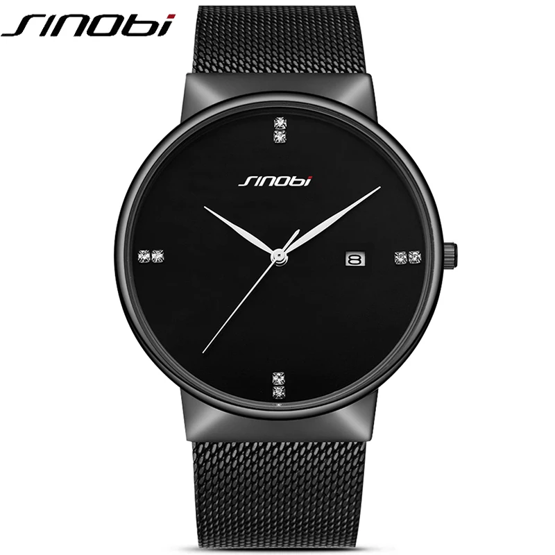 

SINOBI Simple design Fashion Quartz Watch men's Black Luxury Business Casual Quartz-Watch Clock Male Stainless steel Mesh Band