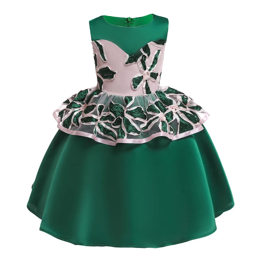 

Girls Green Princess Dress Children Formal Clothes Toddler Girls Evening Party Dress Kids Birthday Hit Color Embroidery Dress
