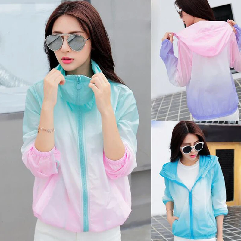 Greatest  2017 Fashion Summer rainbow color Sun UV Protection Clothing Hot Female Hooded Jacket Thin Breathab