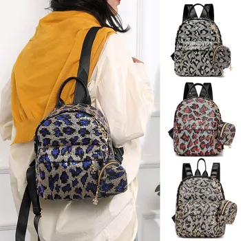 

Women Girl Sequin Leopard Print School Bag Backpack Travel Shoulder Bag+Clutch Fashion 2019 New Backpacks For Ladies Small Packs