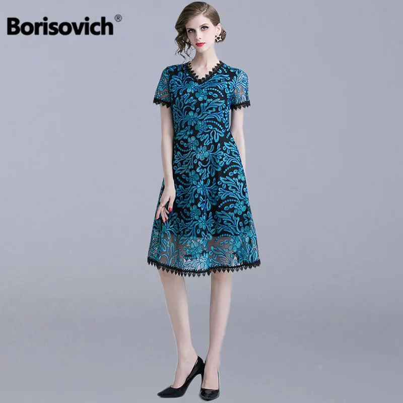 Borisovich женское летнее Повседневное платье бренд весенние модные роскошные сетчатые вышитые женские платья трапециевидной формы с v-образным вырезом N902
