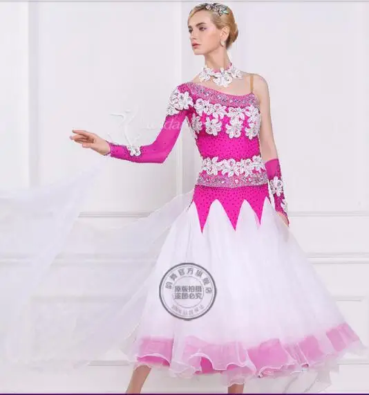 

customize elegant pink white puff Fox trot Waltz tango salsa competition ballroom dance dress with Flower necklace