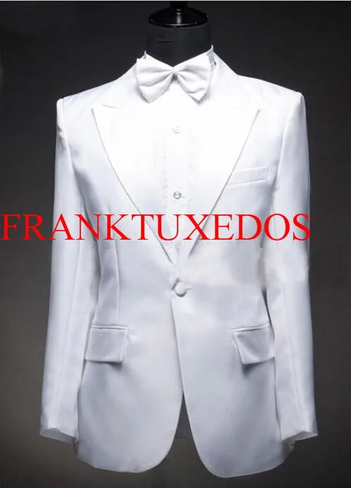 

High Quality white black One button Groom Tuxedos Peak Lapel Groomsmen Men Wedding Tuxedos Dinner Prom Suits (Jacket+Pants+Tie)
