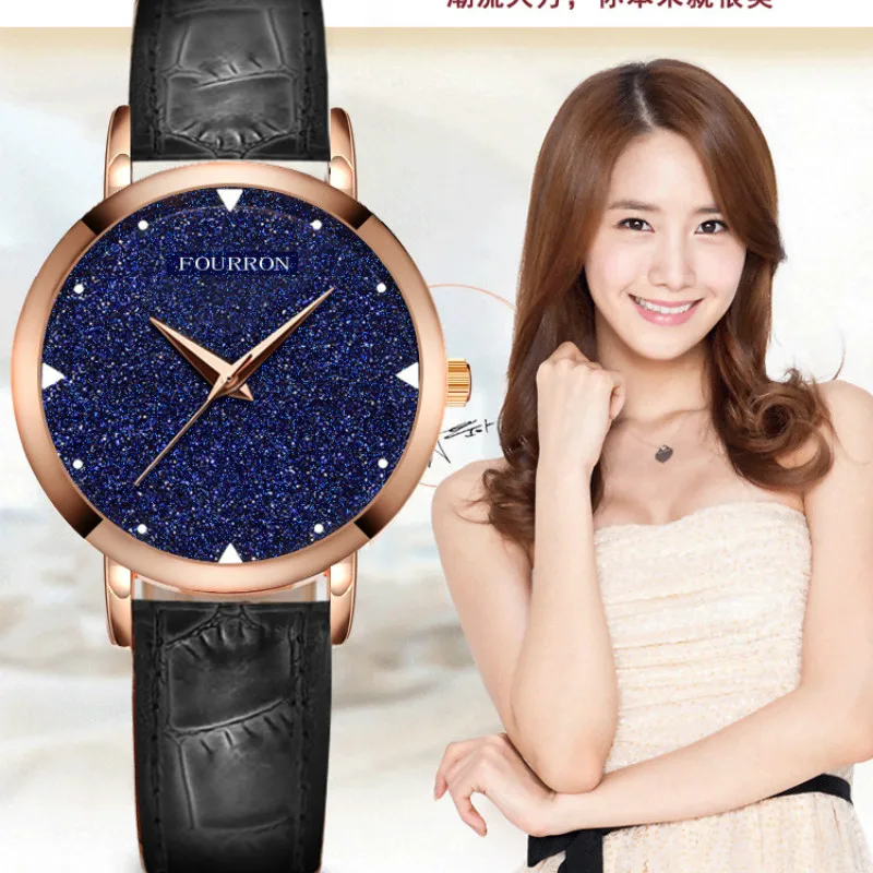 FOURRON brand Fashion Star Dial Women Watches Luxury Golden Leather Ladies Watch Women Dress
