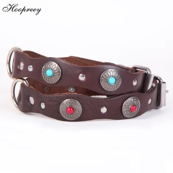 

2018 Brown Genuine Leather Dog Collar for Large Dogs Pitbull Ethnic Pet Necklace with Diamonds Personalized Basic Collar M L