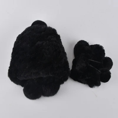 Зимние меховые шапки для девочек из натурального меха кролика Рекс, шапка-ушанка с шариками, детская вязаная шапка с помпоном ручной вязки, шапочки, шарф-кольцо - Цвет: Black set