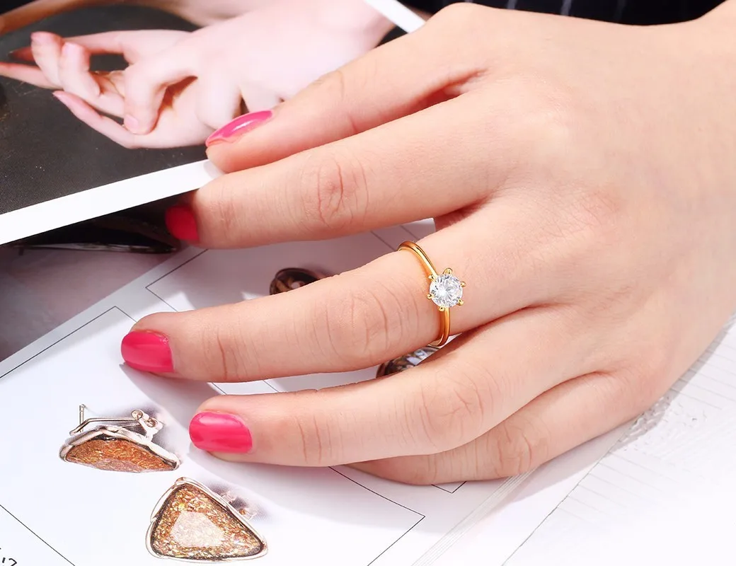 

Yellow Gold Color Solitaire Six Claw Round CZ Round Ring For Womens Engagement Wedding Jewelry Bague Femme anel anillos aneis