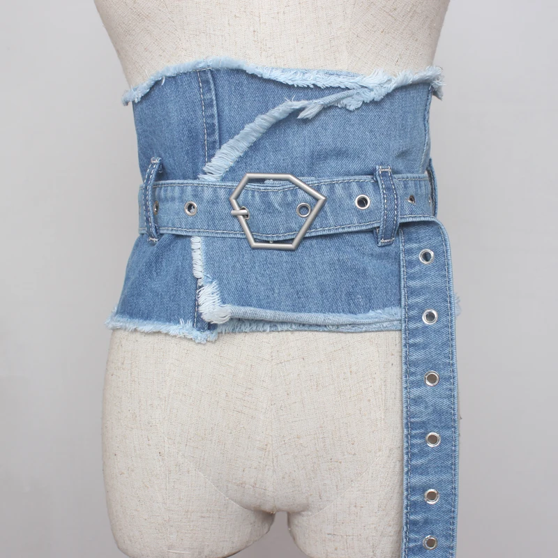 Wide Waist Tide Washed Denim Belt Blue Bandage Belt for Dress or Shirt