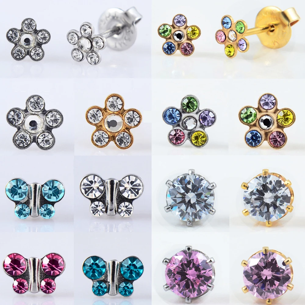 Sterile Surgical Steel Stud Earrings Bezel Set Birthstones for Ear Piercing Gun