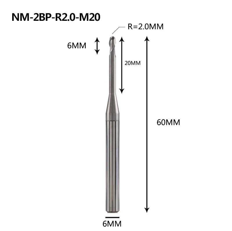 NM-2BP, Вольфрамовая сталь, 2 флейты, круглый нос, длинная шея, с покрытием, Концевая фреза, Фрезерный резак, режущие инструменты для меди и алюминиевого сплава - Длина режущей кромки: NM-2BP-R2.0-M20