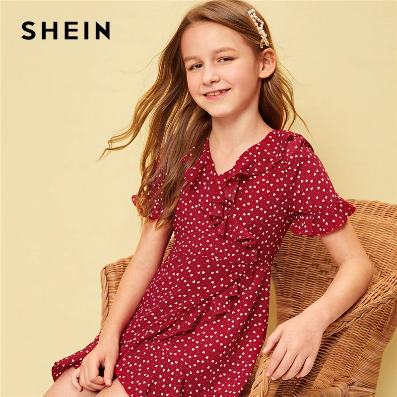 

SHEIN Kiddie Burgundy V Neck Polka Dot Ruffle Trim Girls Boho Dress 2019 Summer Holiday Short Sleeve Cute A Line Short Dresses