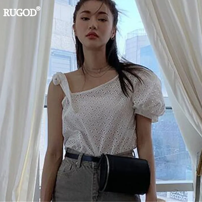 

RUGOD Chic CUt off Shoulder Bow Tie Top Blouse Women Elegant Hollow Out White Cotton Shirt Skew Collar Blouse Kimono 2019 Summer