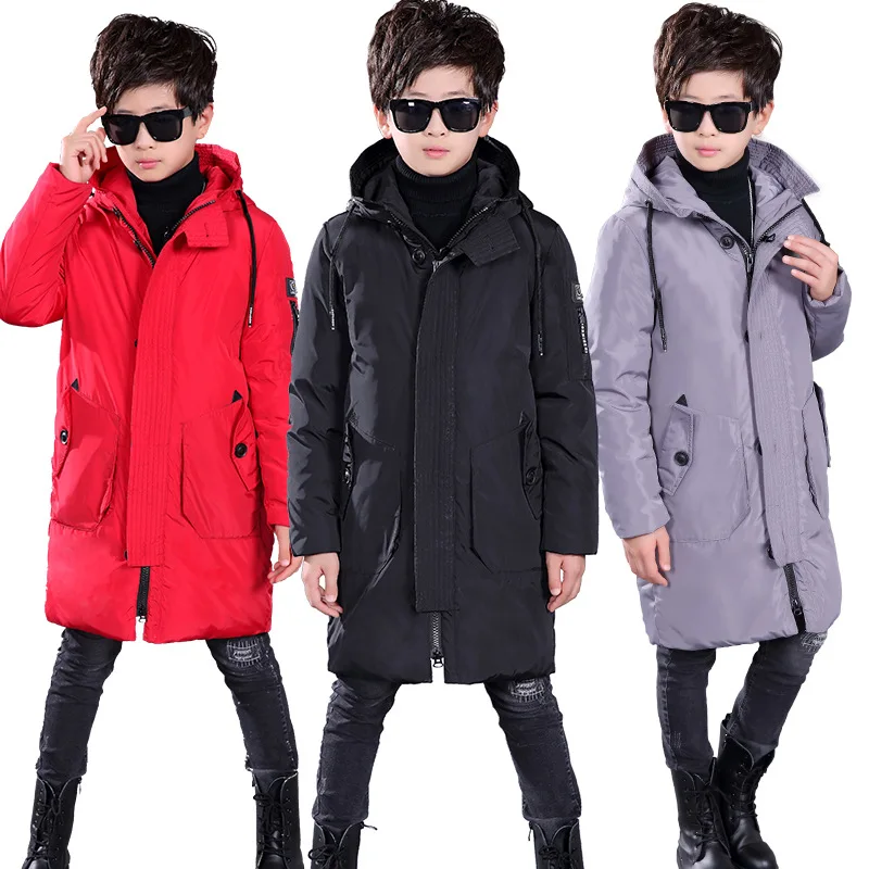 От 7 до 16 лет длинное белое пуховое пальто для мальчиков зима г., новая модная плотная теплая однотонная верхняя одежда с капюшоном черный/серый/красный