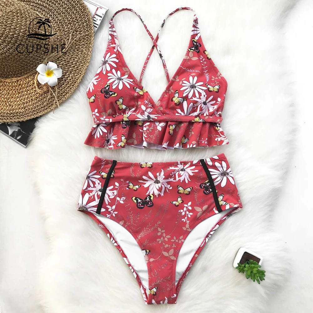 Online CUPSHE Rose Ruffled Saum Bikini Set Frauen Flora V ausschnitt Hohe taille Zwei Stück Badeanzug 2020 Mädchen Strand Badeanzug bademode