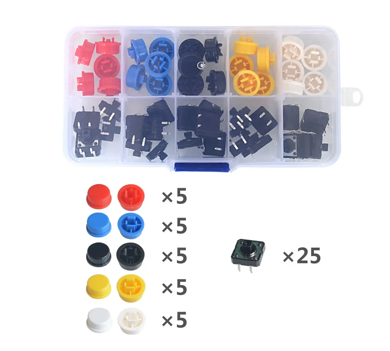 

25PCS Tactile Push Button Switch Momentary 12*12*7.3MM Micro switch button + 25PCS Tact Cap(5 colors)