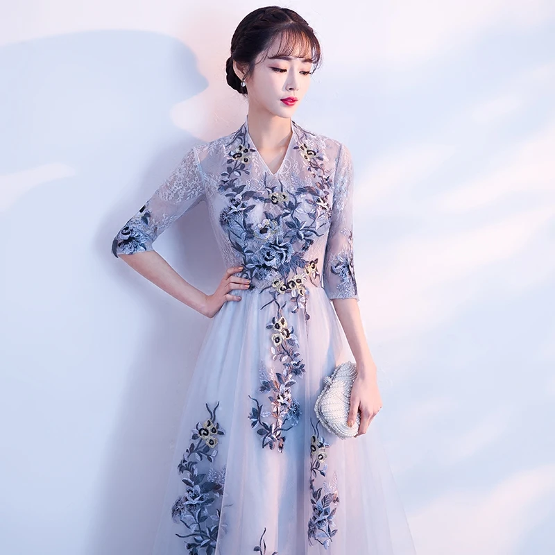 

Noble Women Flower V-Neck Long Dress Elegant Banquet Gown High Quality Spring Ladies Half Sleeve Prom Formal Gowns Size XS-XXL