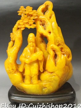 

14" Natural Tianhuang Shoushan Stone Carved Old Man Hold Baby Tree Shanzi Statue