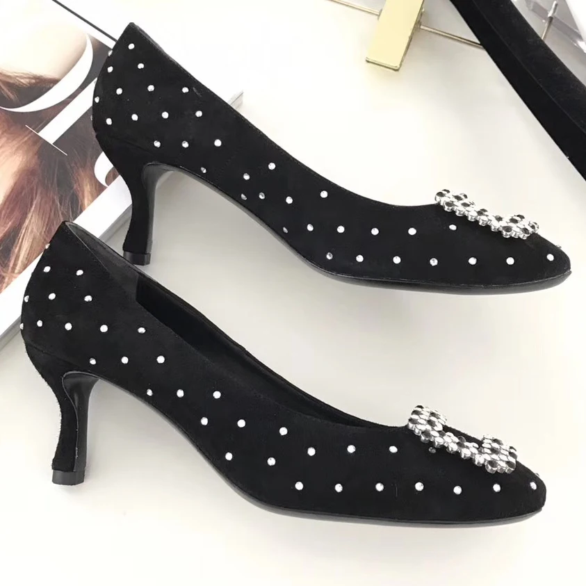 

Polka Dot Women Black Pumps Square Crystal Rhinestone Luxury Ladies Party Wedding High Heels Pointed Toe Suede Leather Shoes