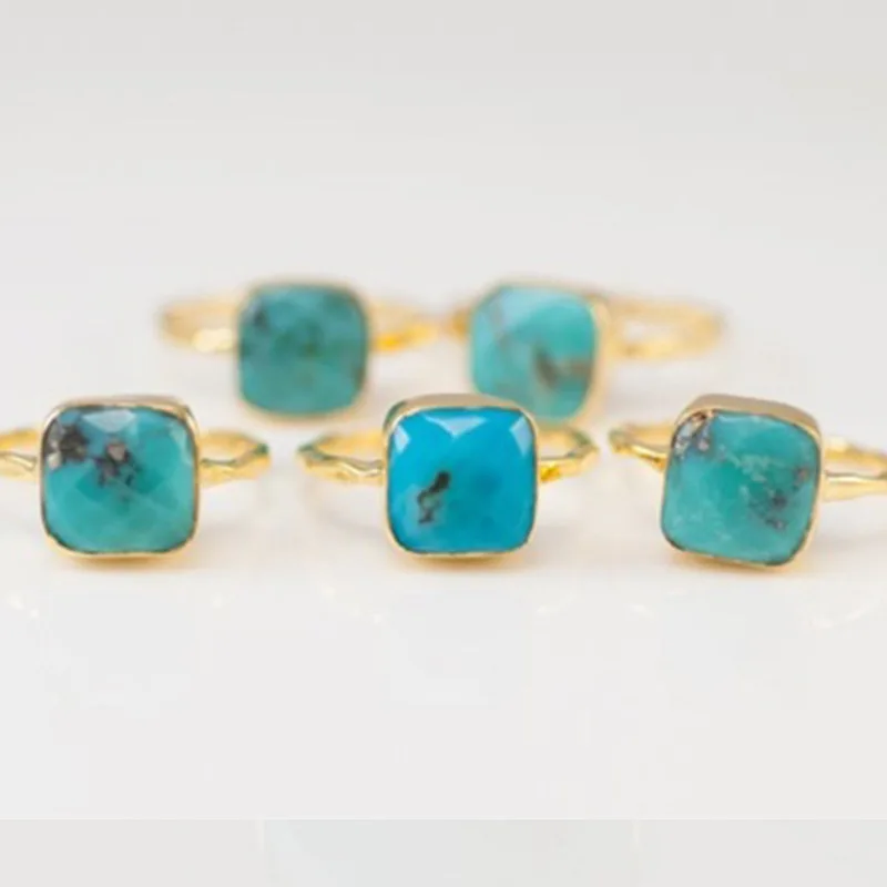 Vintage Natural Square Green Blue Stone Rings Bohemia Style Gold Color Rings Luxury Inlaid Stone Rings Party Jewelry For Women