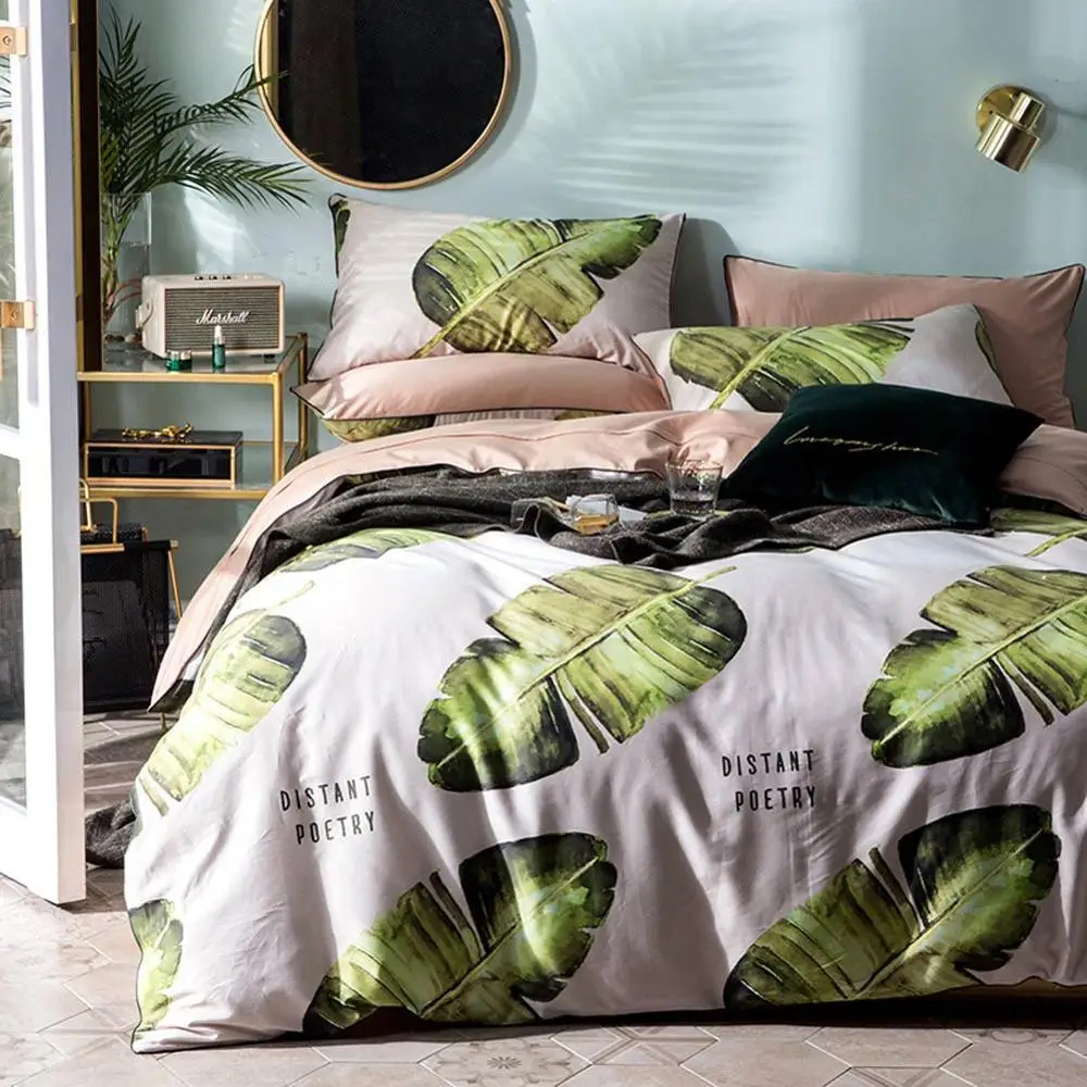 

2019 Pastoral Green Leaves Duvet Cover Set Luxury Egyptian Cotton Fabric Bedlinens Queen Size Bedding Set Bedsheet Bedspread