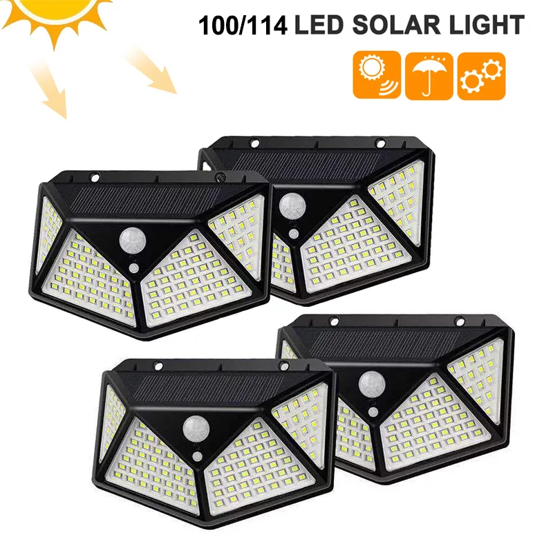 

100/114 LED Solar Lamp PIR Motion Sensor 3 Modes Outdoor Solar Garden Light Four-Sided Waterproof Energy Saving Wall Yard Lamps