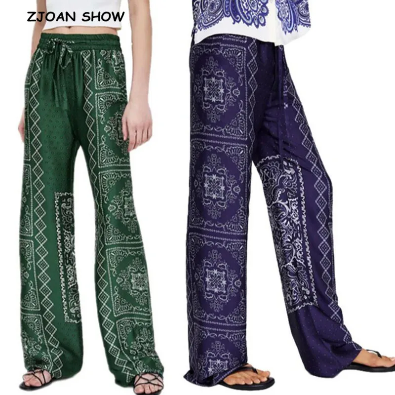 

2019 Spring New Ethnic Green Geometric Plaid Print Wide Leg Pants Women Bohemian High Waist Trousers Casual loose Long Pants
