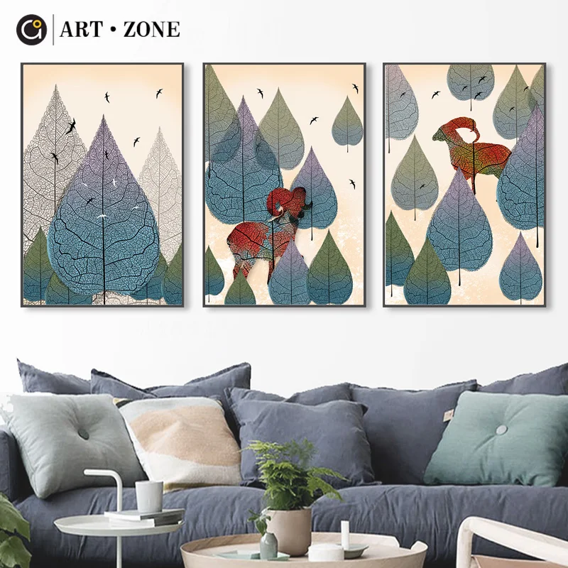 

ART ZONE Cattle Cartoon Animal Painting Abstract Scenery Tree Poster Wall Art Home Decor Modern Waterproof Ink Picture