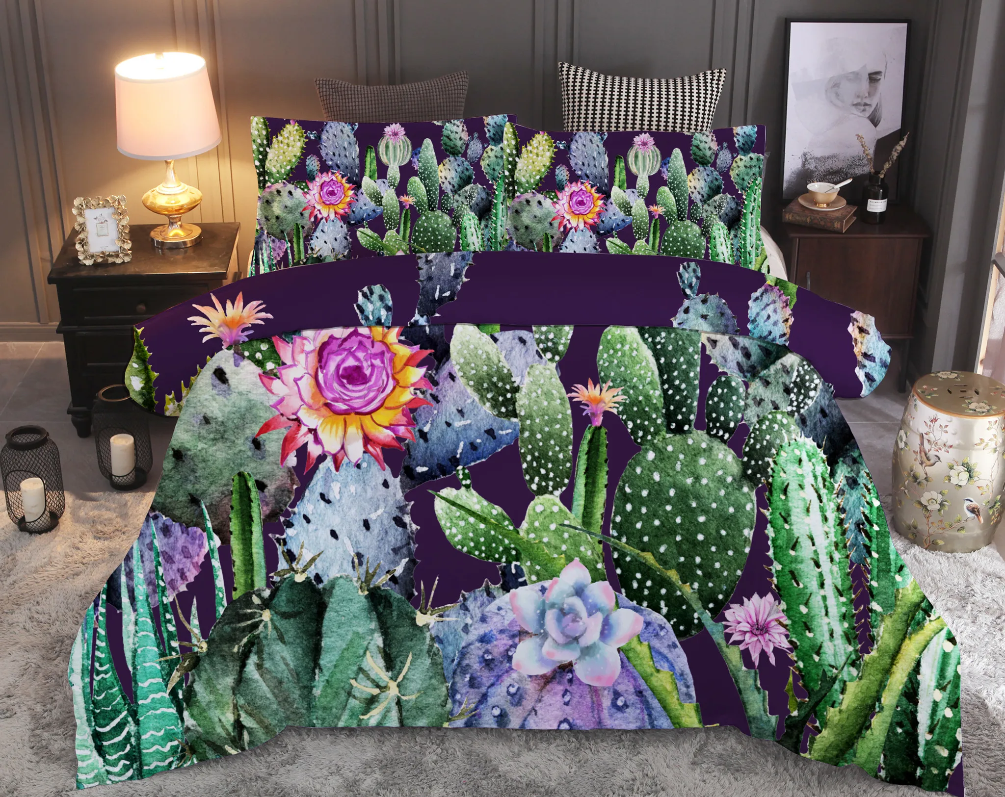 Tropical Plant Bedding Set Cactus with Flower Duvet Cover Sets Queen
