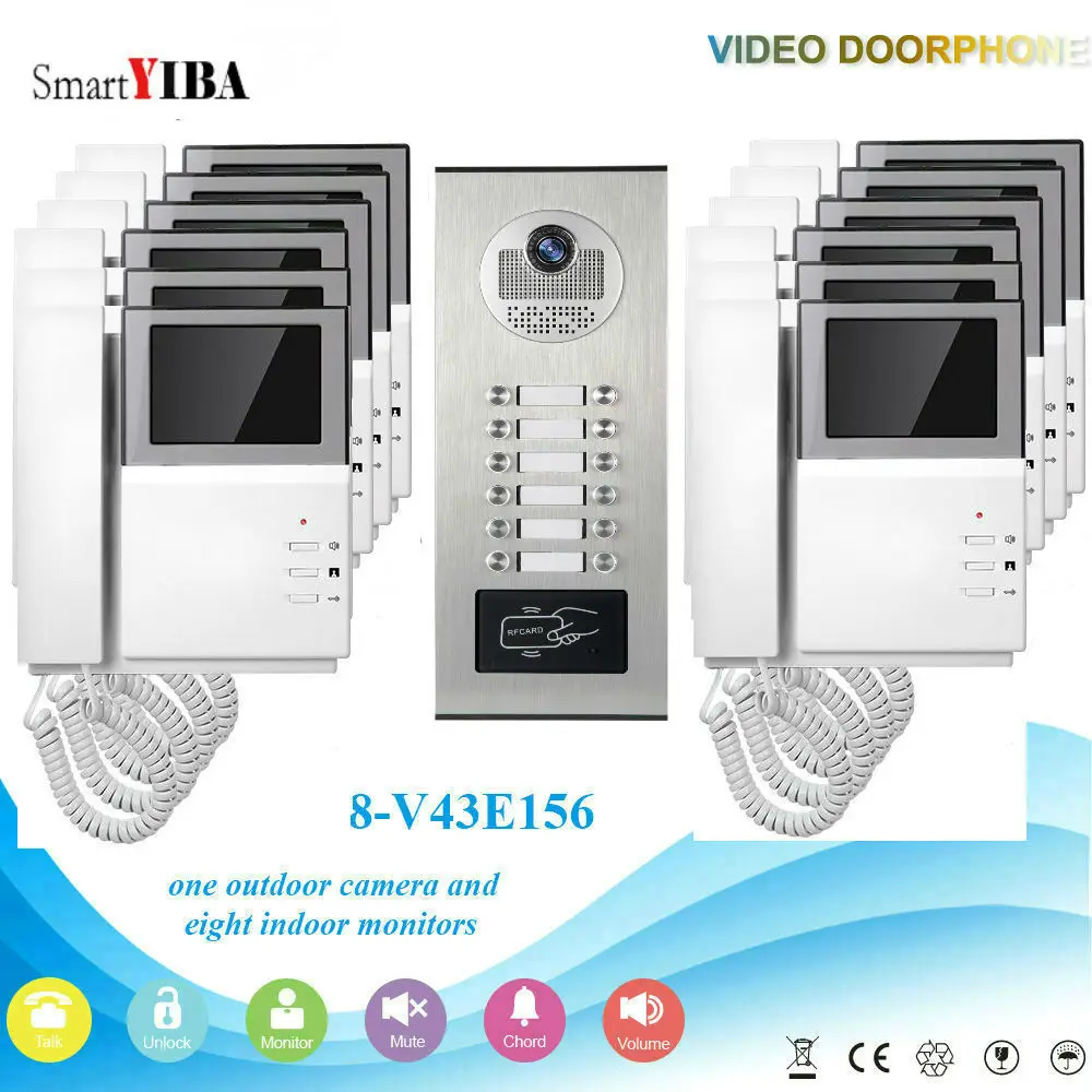 SmartYIBA 4.3'' Wired Video Intercom 12 Monitors Doorbell For House/Family+RFID Keyfobs Video Door Interphone IR Intercom Kits