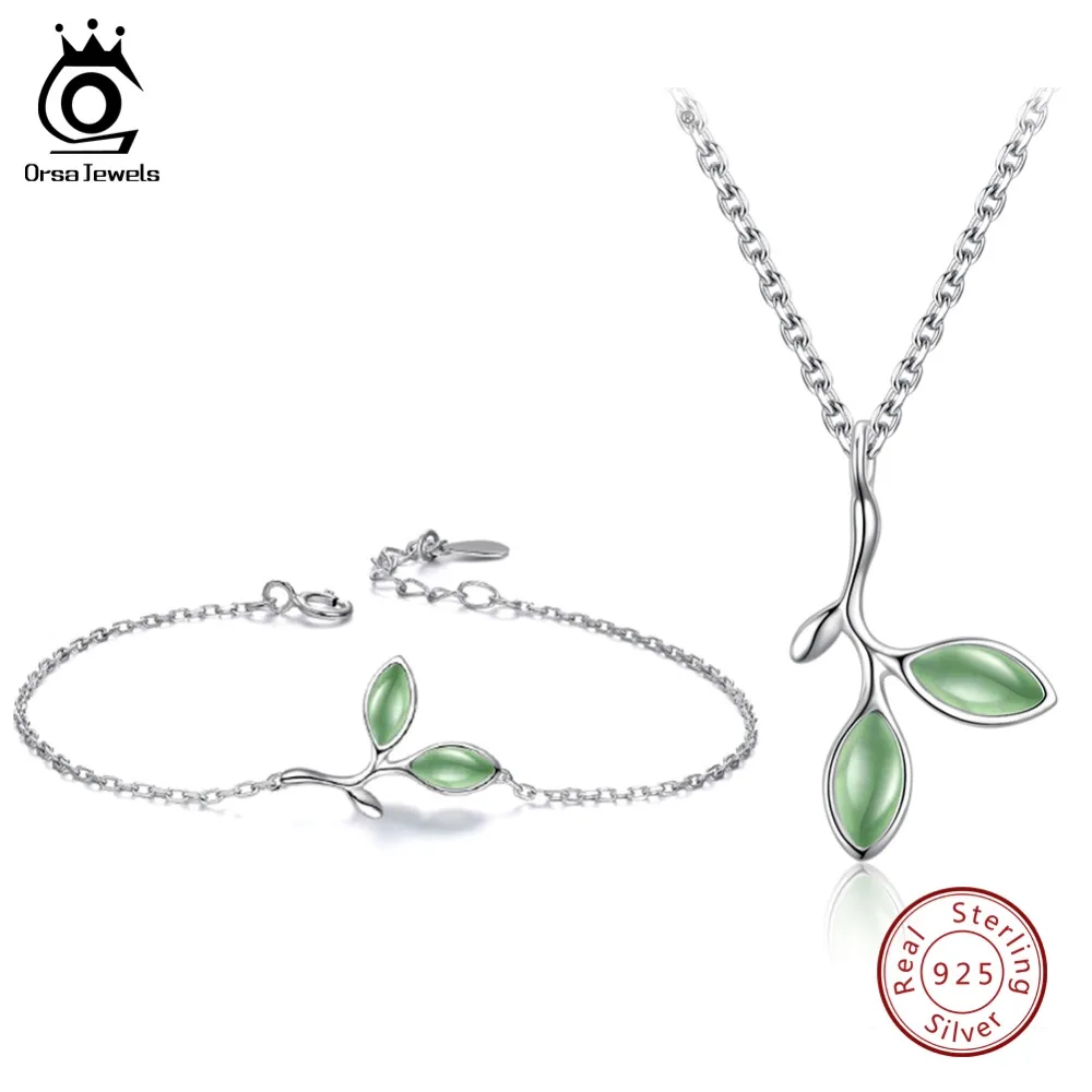 

ORSA JEWELS Real 925 Sterling Silver Women Jewelry Sets Leaf Pattern Design Cat's Eye Stone Party Necklace Bracelet SS21-2