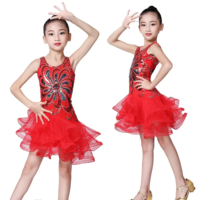 Платье для латинских танцев для девочек, детская одежда для сальсы, бальных танцев, платья для соревнований, детская одежда для сцены, платье с блестками - Цвет: Red