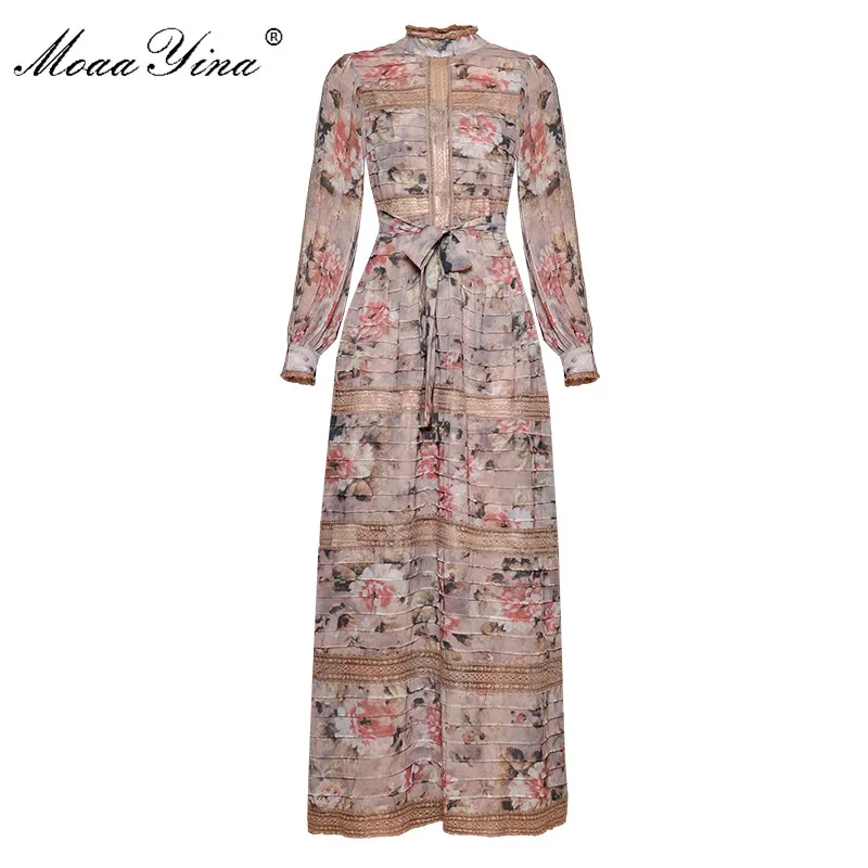 

MoaaYina Fashion Designer Runway dress Spring Women Dress Vintage Print Lantern Sleeve Lace Patchwork Lace-UP Maxi Dresses