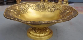 

14"Chinese pure Brass Copper Carved Grape Ancients Comport Fruit tray Dish Plate