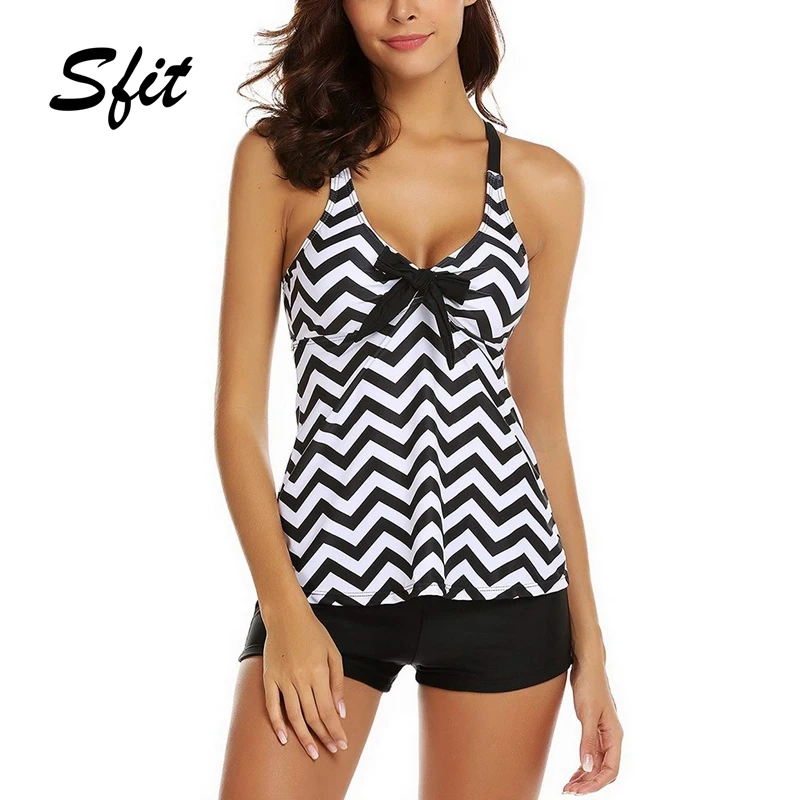 

Sfit Women Ruched Tankini with Boyshorts Bottoms Dot Striped Printed V Neck Swimwear Two Piece Bathing Suit Bow Decor Swimsuit