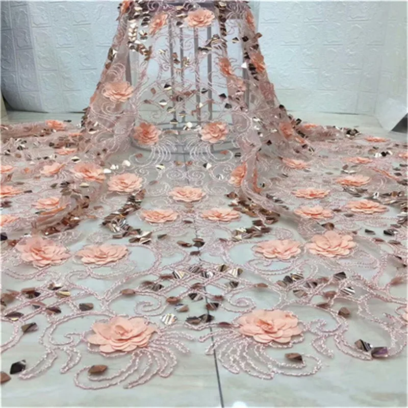 

Hot pani Africa fine lace fabric high quality French applique 3D beaded tulle lace fabric sequins dubai royal apparel