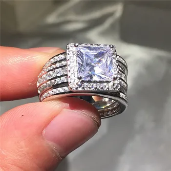 

Wedding Ring Set For Women Vintage 925 Silver ring 3-in-1 With Inlay Square 4ct CZ Ring Female jewelry His Girlfriend Gift Party