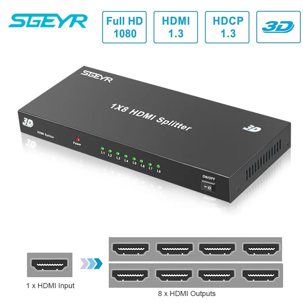 

STEYR HDMI Splitter 1 in 8 out-HDMI Splitter 1 in 8 out for Full HD 1080p Support 3D 1x8 splitter hdmi box with Power Adapter