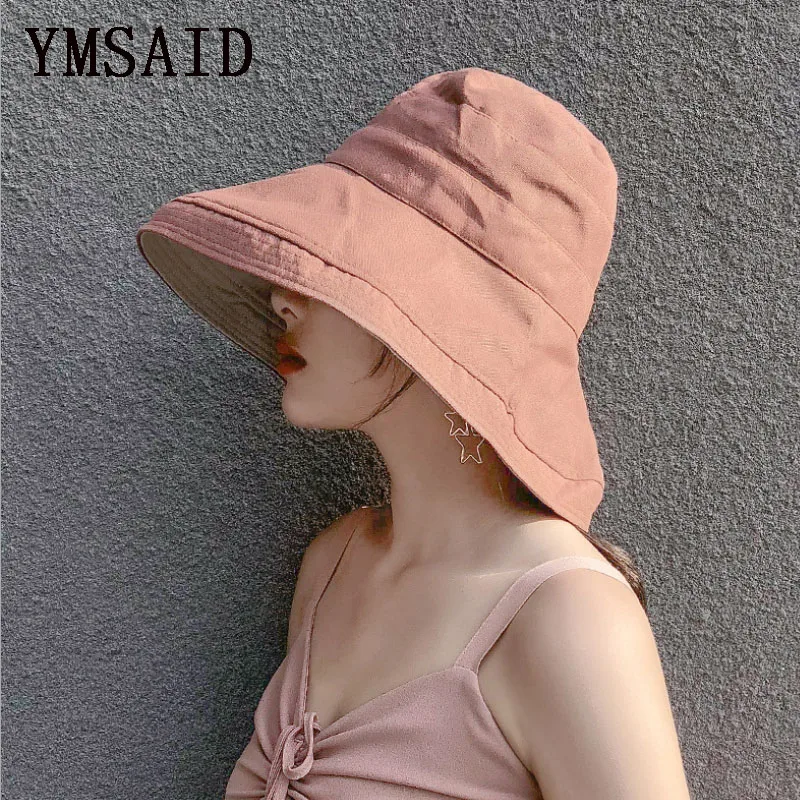 Ymsaid 2018 سيدة الصيف الشاطئ واسعة حافة قبعة صياد النساء أزياء القطن و الكتان المضادة للأشعة فوق البنفسجية قبعة دلو سادة