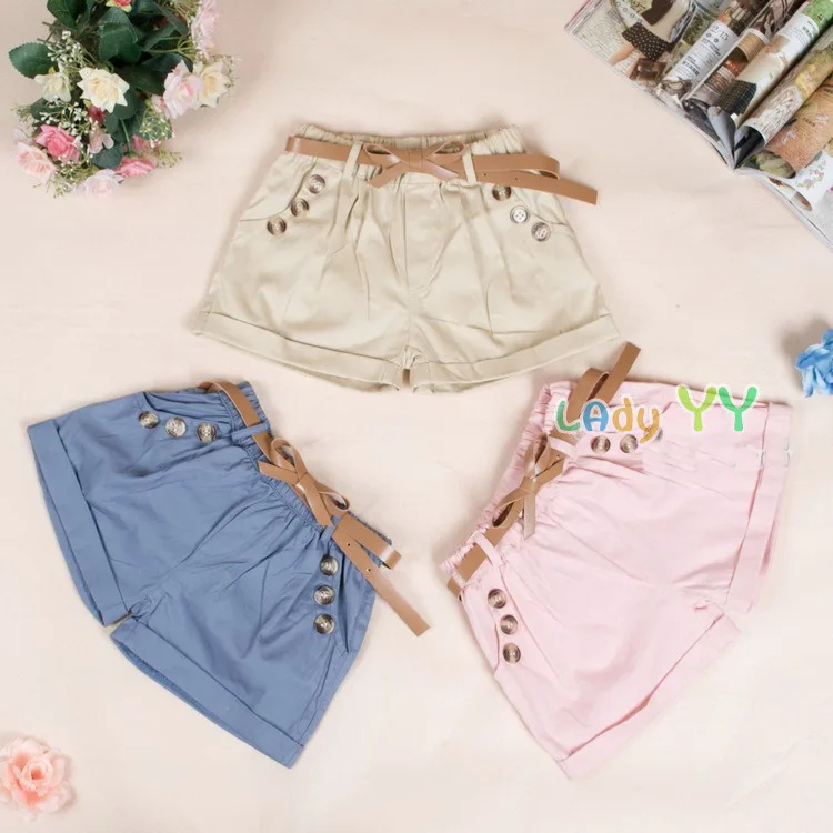 

Girls cotton belt shorts children's solid color fashion button elastic pants kids baby summer clothes