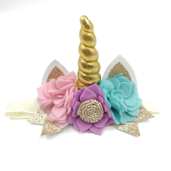 

10 Pcs / Lot Unicorn Felt Flower Baby Headband Glitter Ear Horn Nylon Elastic Hair Bands Baby Girls 3T Solid Mix Queenbaby SCX10