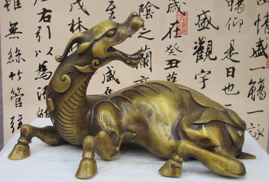 

Chinese Royal Palace Fengshui Bronze Copper Four leg Long-necked dragon statue a5.19